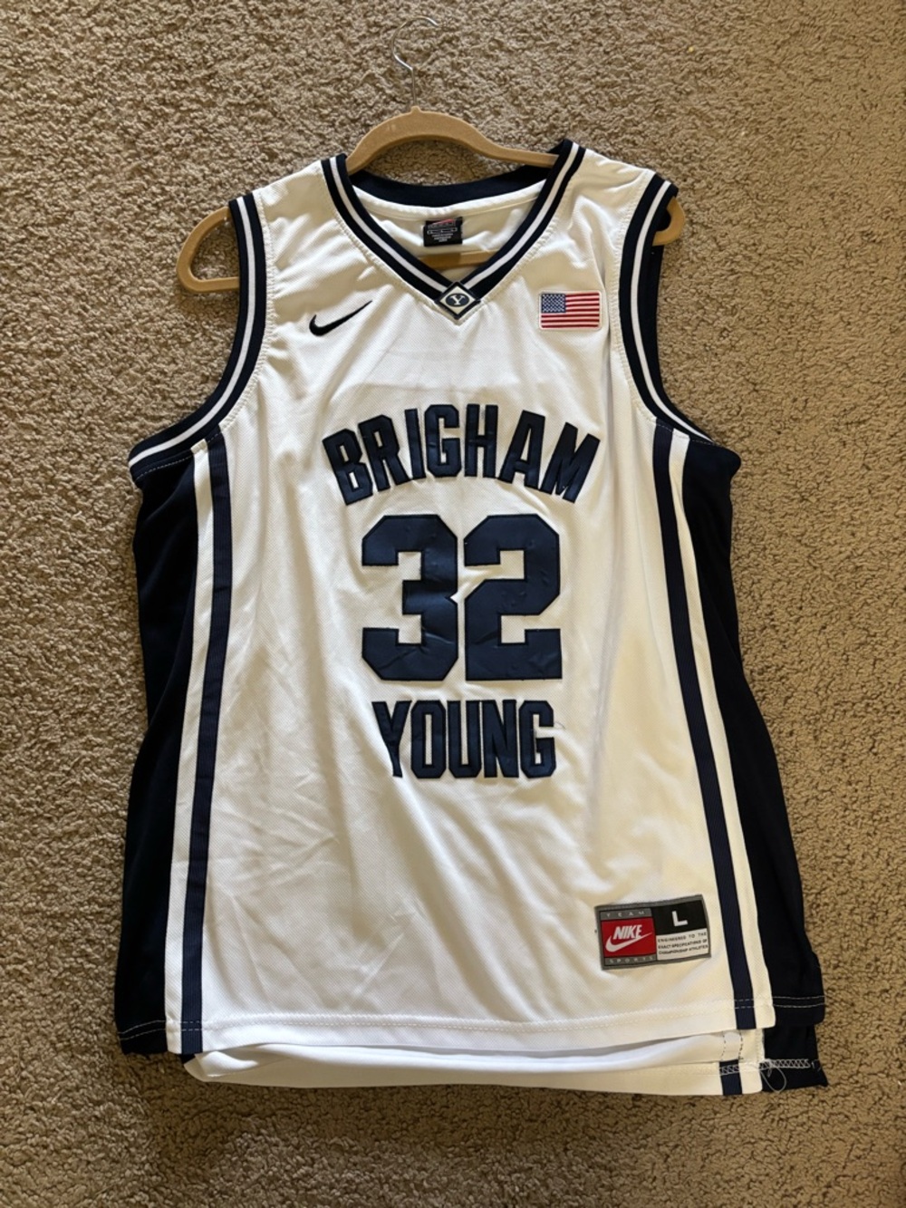 Nike White & Navy Brigham Young Basketball Jersey #32